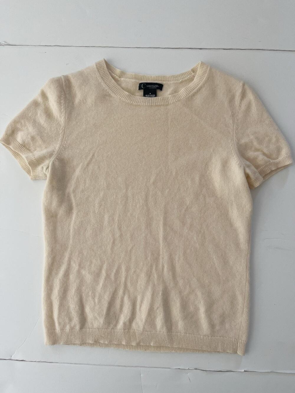 C By Bloomingdale's Sweater Womens M Cream Cashmere Short Sleeve Crew Knit